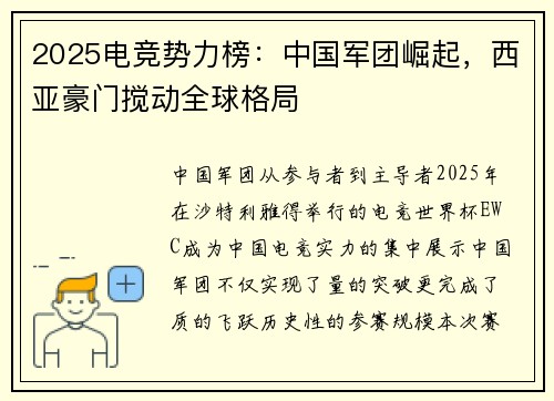 2025电竞势力榜：中国军团崛起，西亚豪门搅动全球格局